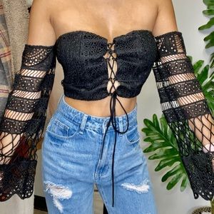 Small black lace long sleeve off shoulder top